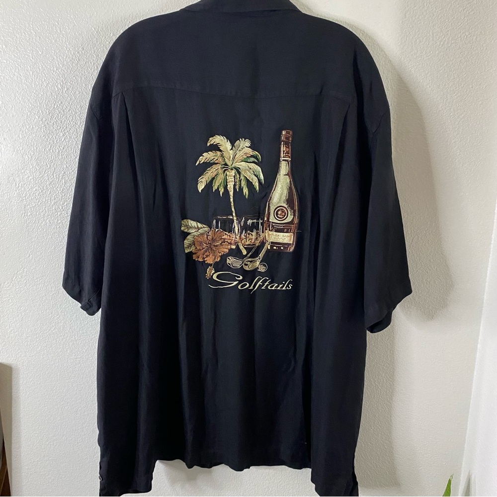 SILK Luau Button up Finest Shirt Mens 2XL Black Embroidered Hawaiian margarita